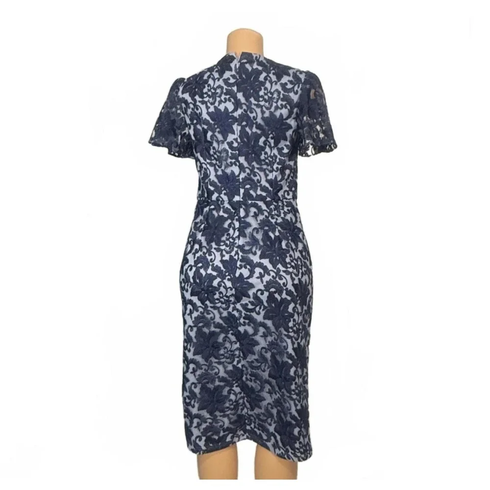 JS Collections Navy Lace Overlay Square Neck‎ Dress Short Flutter Sleeves Size 4